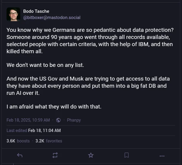 A screenshot of a Mastodon post by Bodo Tasche, which humorously claims Germans are pedantic about data protection because a…