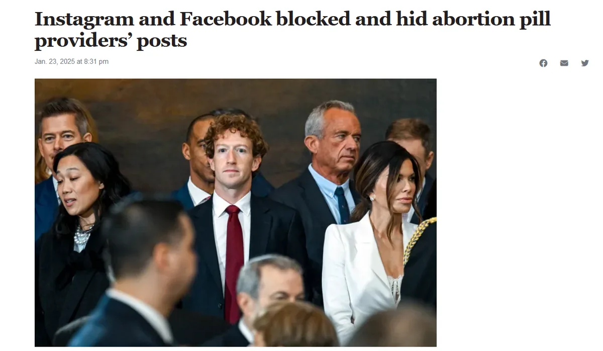 A screenshot of a news article header showing a photo of several people, including Mark Zuckerberg, at what appears to be a…