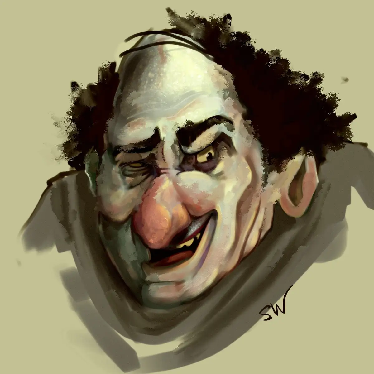 A digital painting shows a grotesque, exaggerated cartoon clown face with a balding head, wild dark hair, a large red nose…