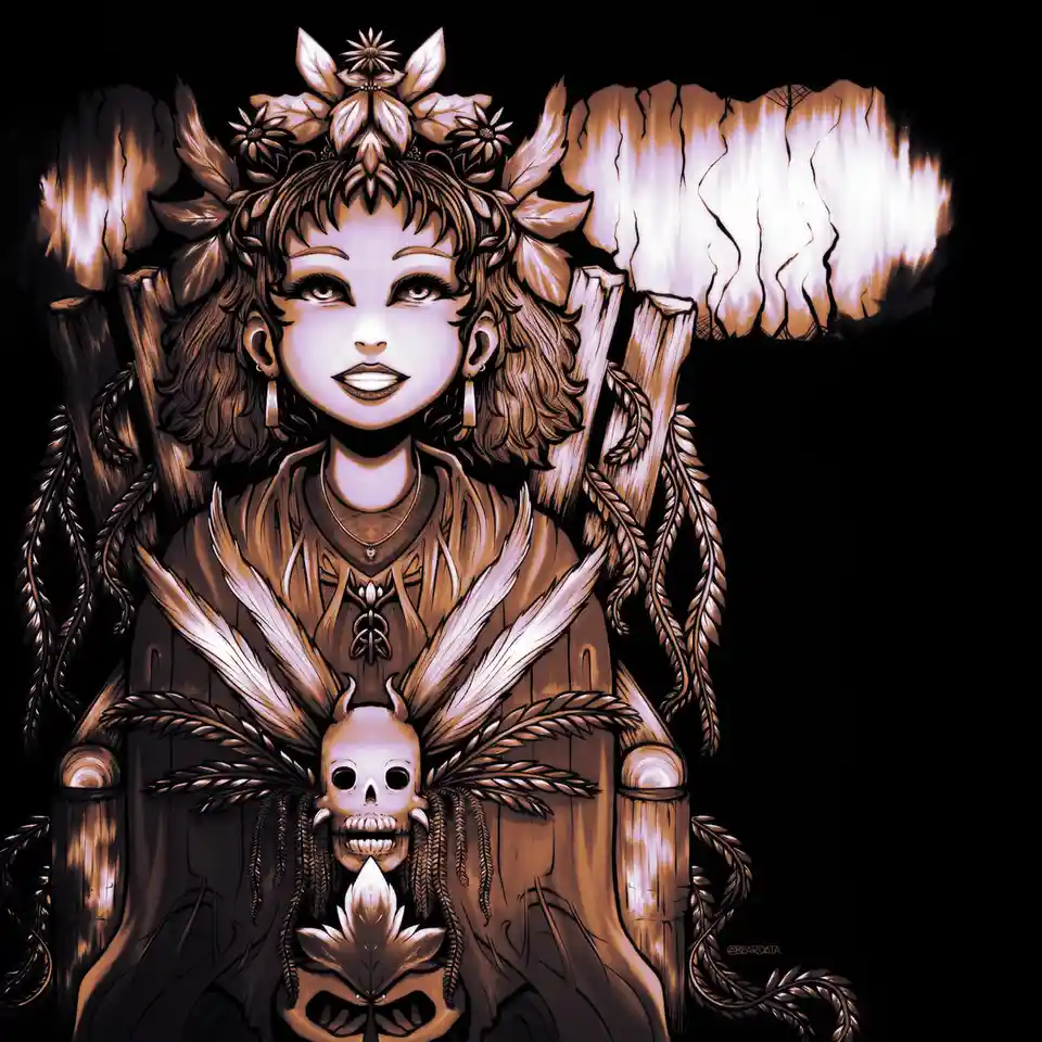 A stylized illustration shows a woman with a serene expression seated on a throne made of tree stumps and braided vines…