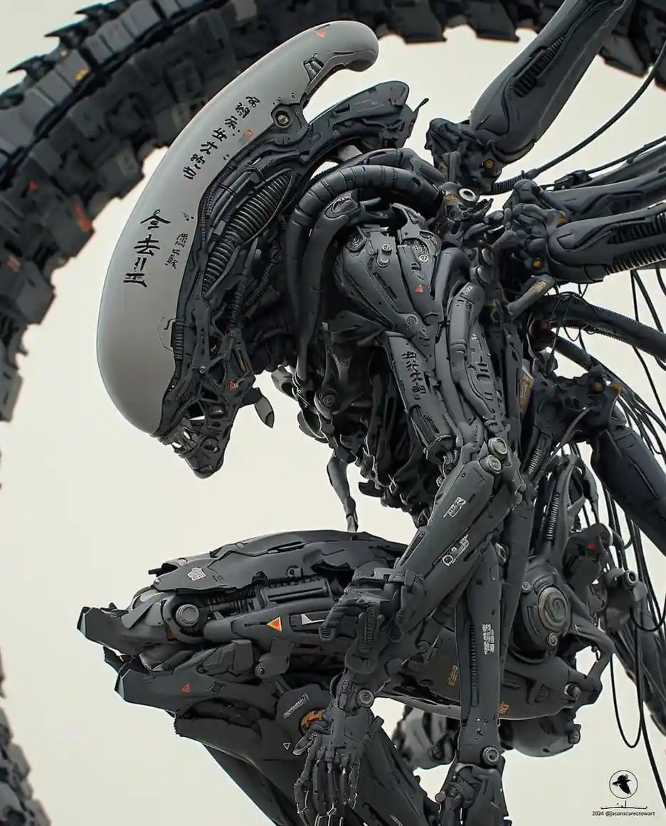 A biomechanical creature resembling a robotic alien with exposed internal machinery and cables, standing against a backdrop…
