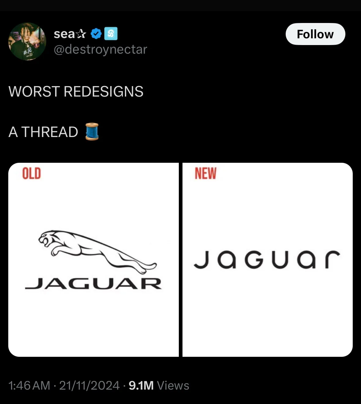 A Twitter post by user @destroynectar titled 'WORST REDESIGNS' shows a side-by-side comparison of the old Jaguar logo…