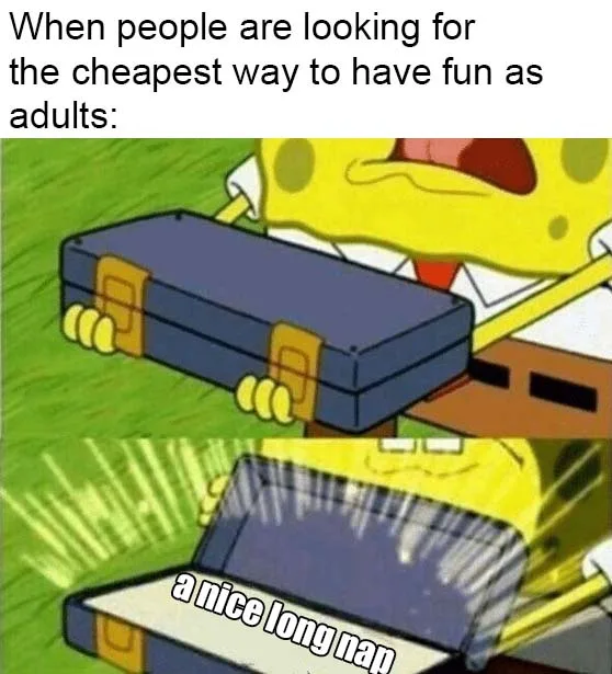 The image is a two-panel meme featuring SpongeBob SquarePants. In the top panel, he is shown carrying a blue suitcase with a…