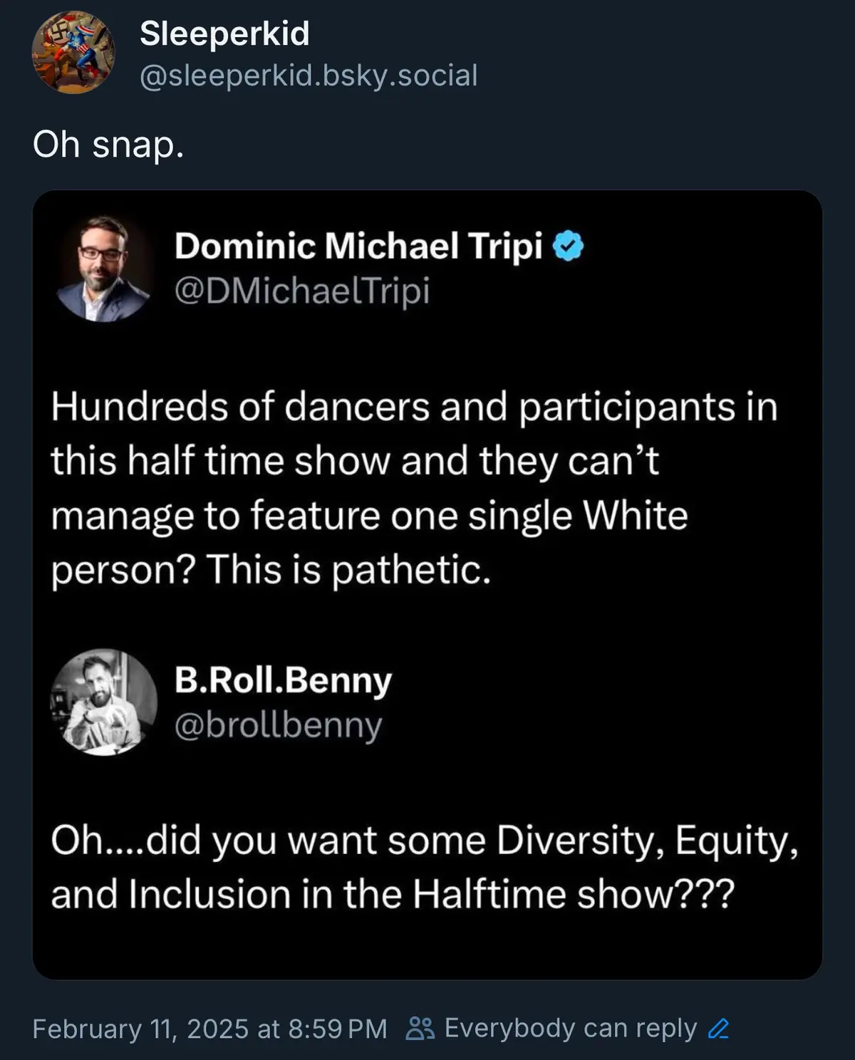 A screenshot of a social media thread shows Dominic Michael Tripi criticizing a halftime show for lacking white…