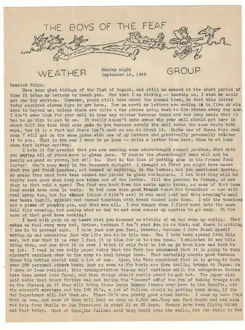 A vintage, typewritten letter dated Monday night, September 10, 1945, from 'THE BOYS OF THE FEAF' to 'Dearest Folks,'…