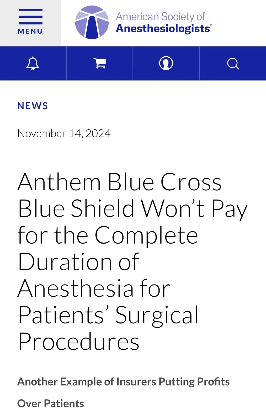 A screenshot of a news article from the American Society of Anesthesiologists website dated November 14, 2024, with the…