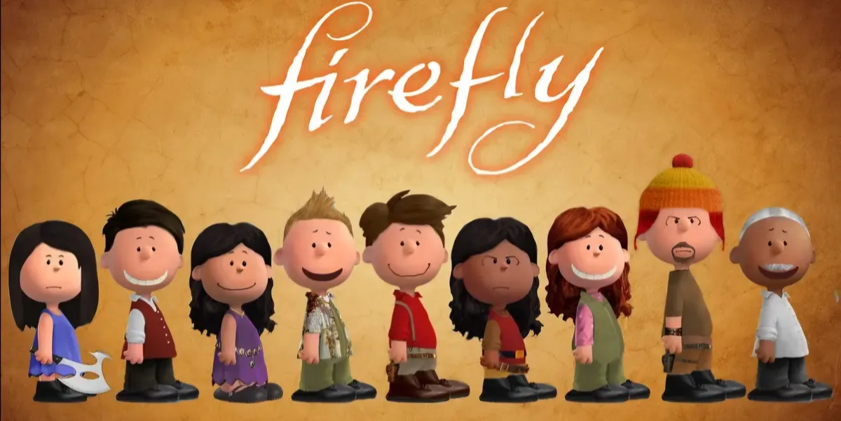 The image displays the title 'firefly' in glowing white cursive text above a lineup of eight characters rendered in the…