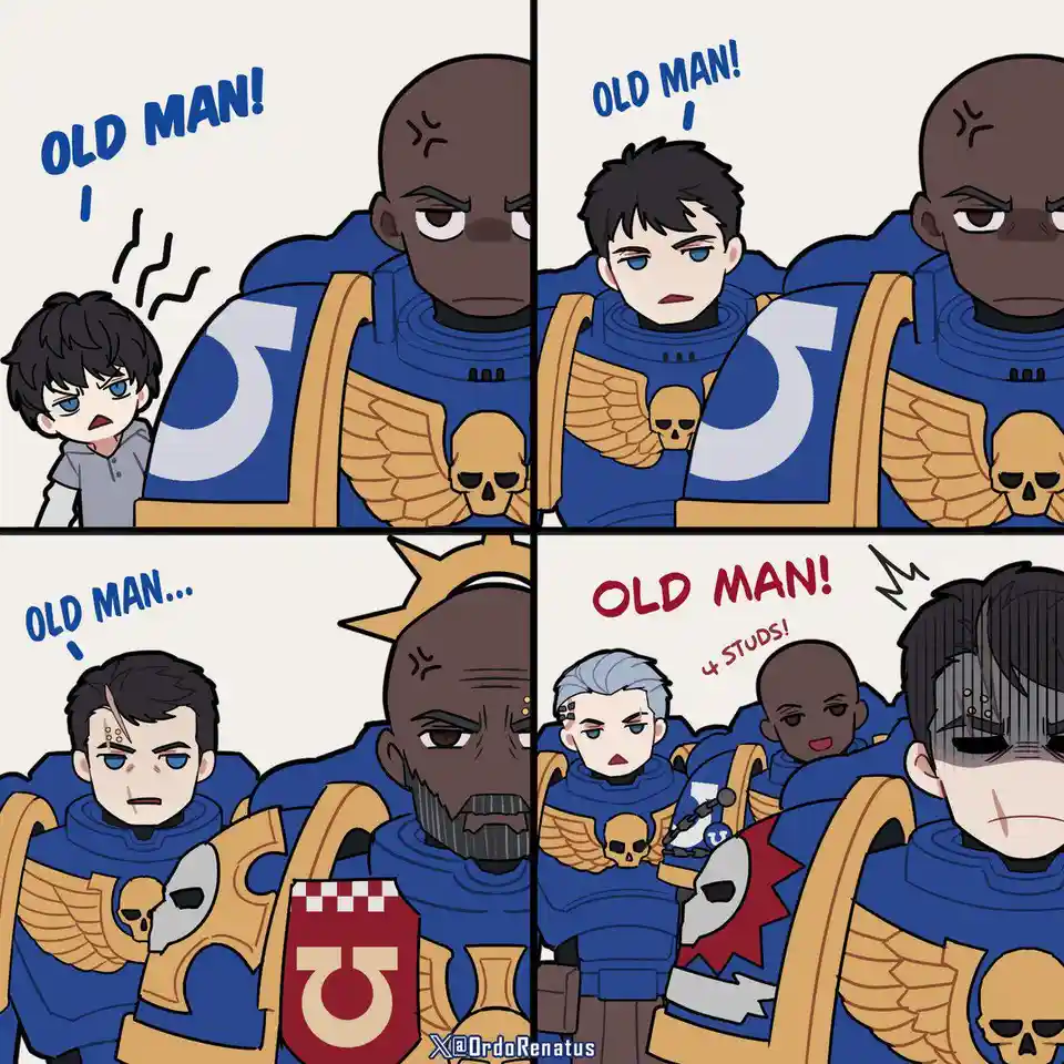 A four-panel comic strip shows a young boy repeatedly yelling 'OLD MAN!' at a stern, bald space marine. The marine initially…