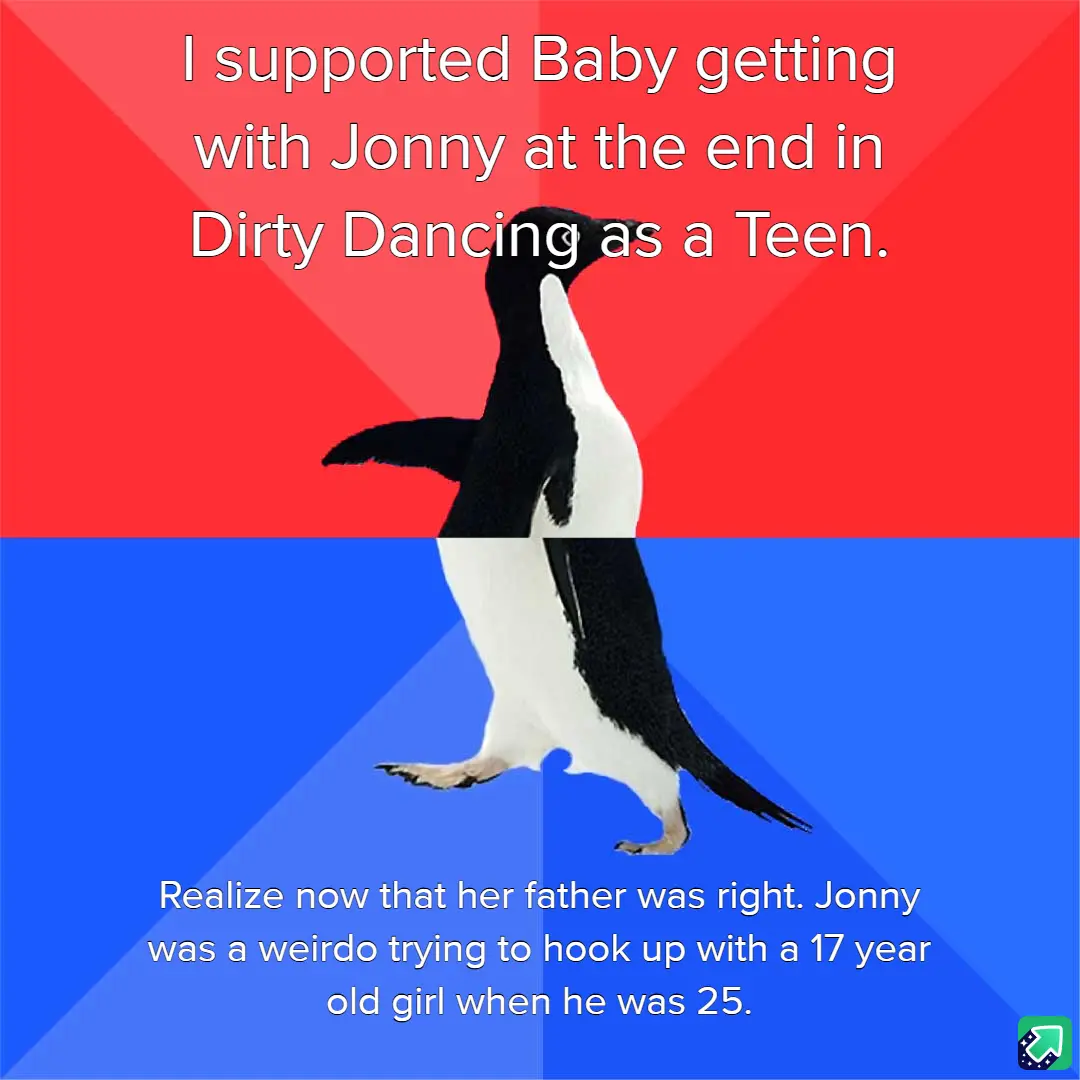 A penguin stands centered against a red and blue background, split horizontally. White text at the top reads 'I supported…
