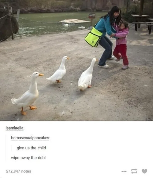 A woman holds a small child while three white ducks walk toward them on a dirt path near water. The overlaid text reads…