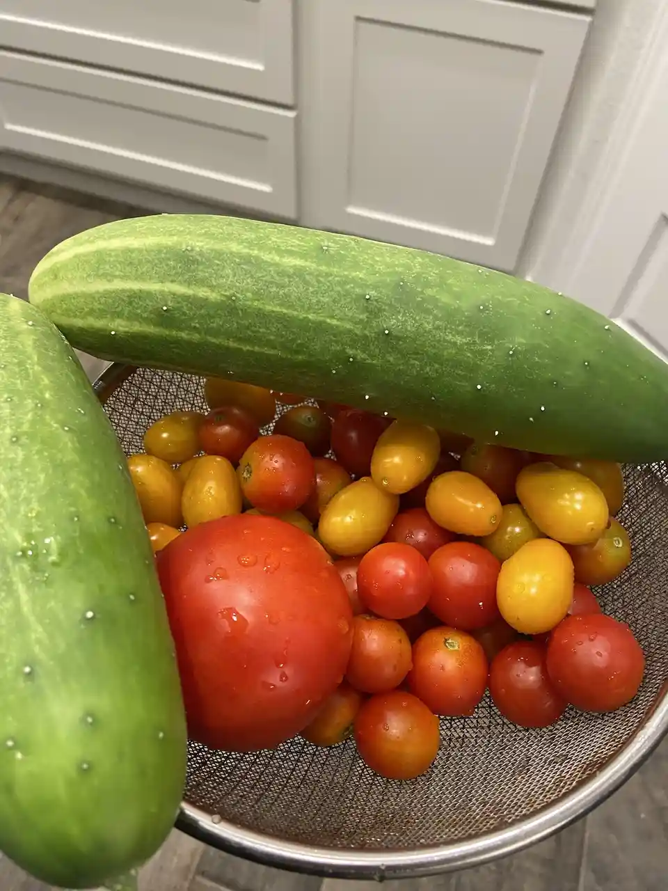 A metal colander filled with small red and yellow tomatoes, with two large green cucumbers resting on top and beside it…