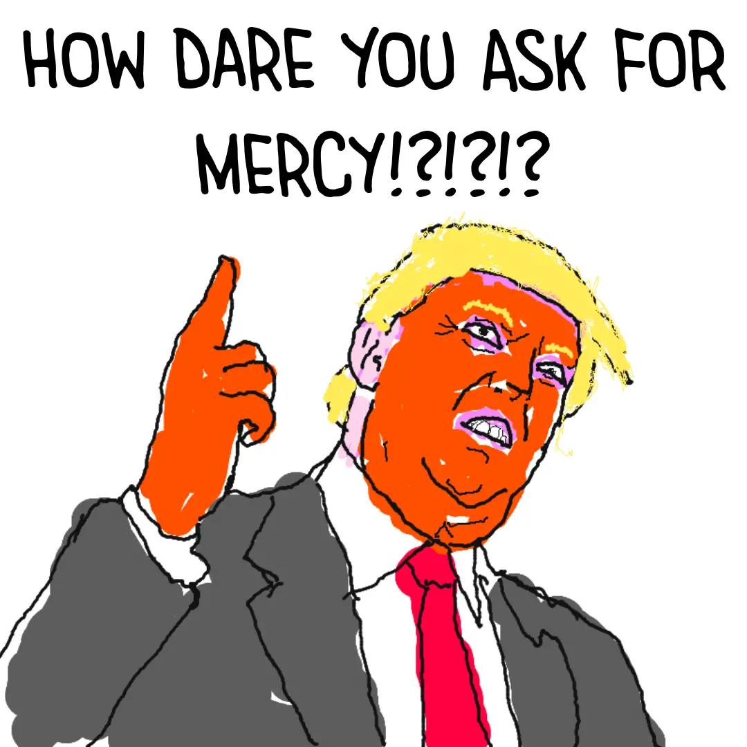 A crudely drawn cartoon of Donald Trump with an angry expression, pointing upward with his right index finger. He wears a…