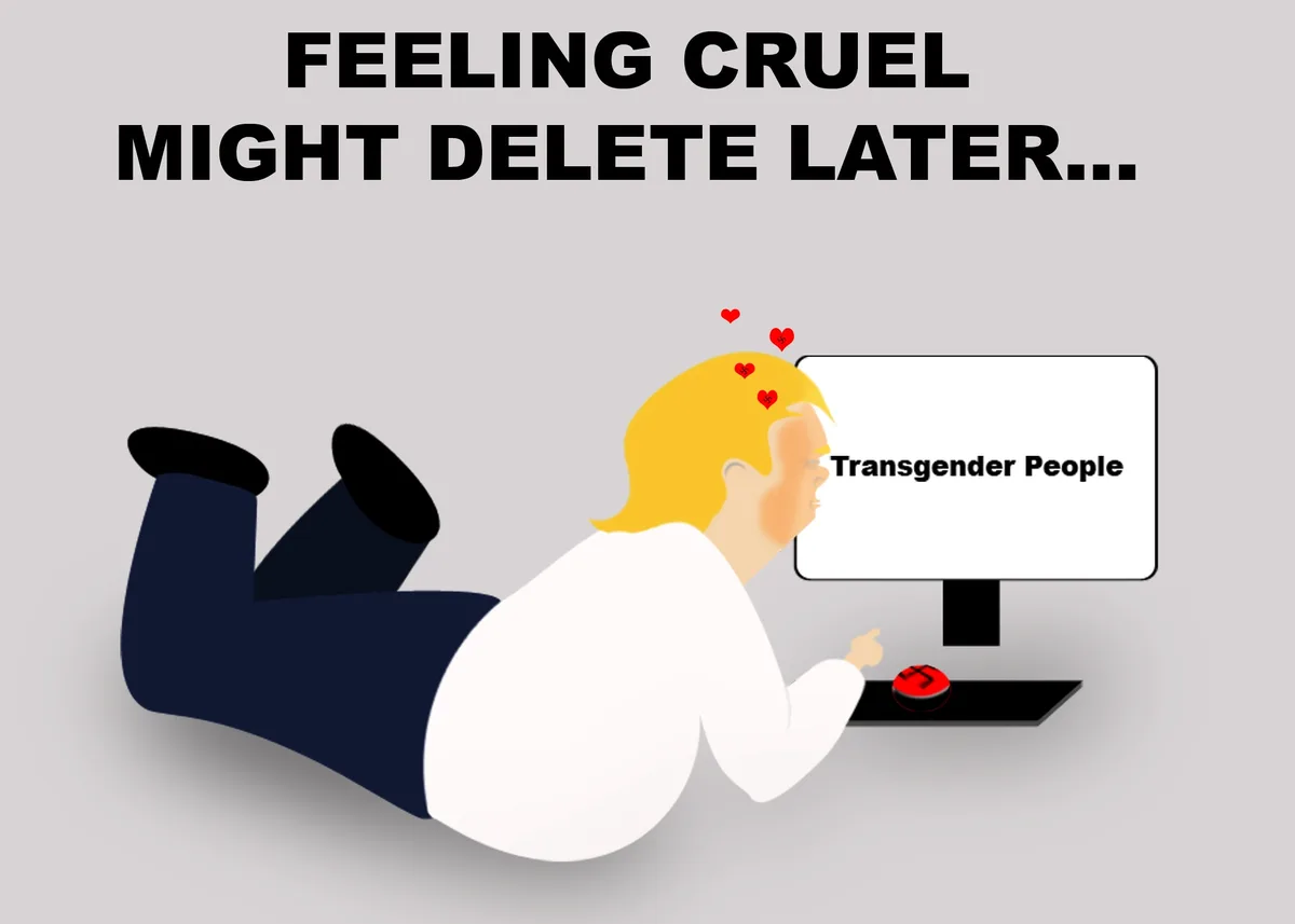 An illustrated person with blonde hair lies on their stomach, pointing at a computer monitor that displays 'Transgender…