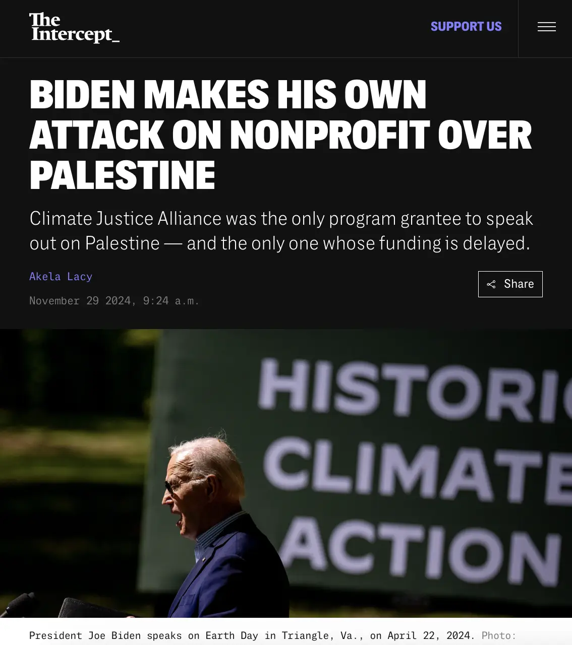 A screenshot of a The Intercept news article with a headline reading 'BIDEN MAKES HIS OWN ATTACK ON NONPROFIT OVER…