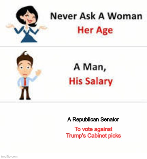 The image displays a three-panel meme template with cartoon illustrations. The top panel shows a woman with the text 'Never…