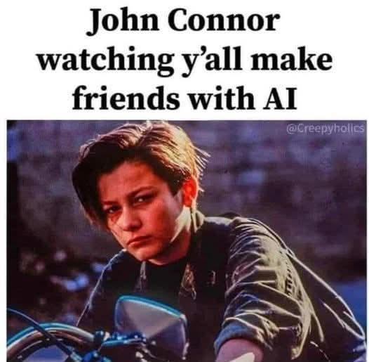 A still image of John Connor from the Terminator movies, looking intensely at the viewer while seated on a motorcycle. The…