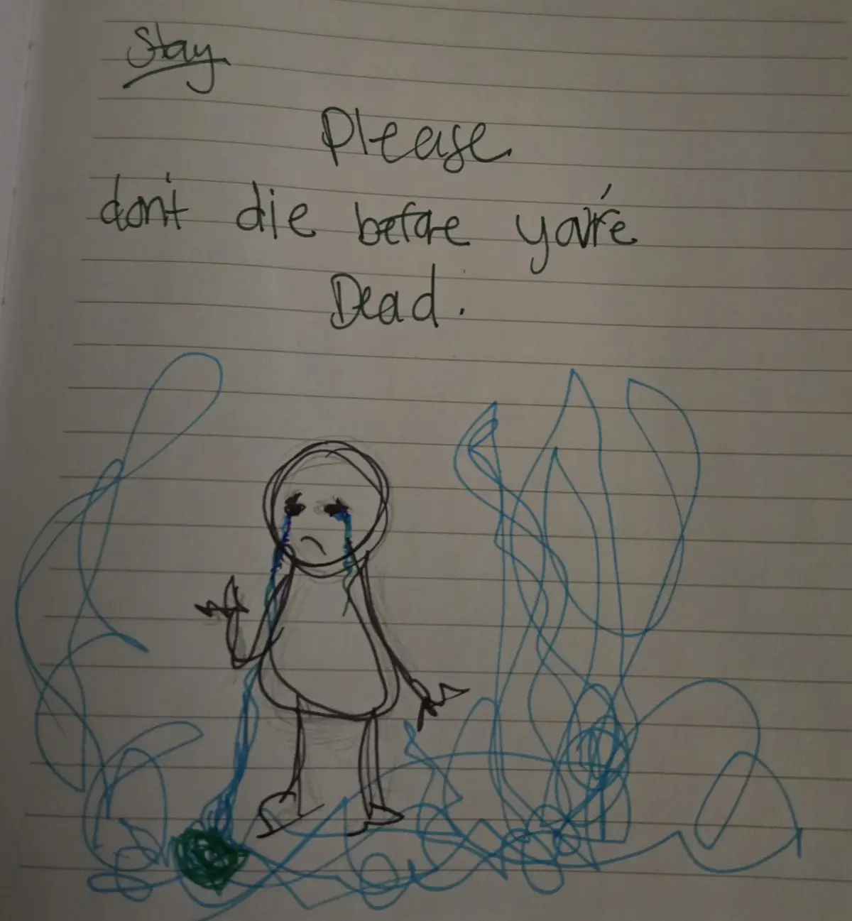 A hand-drawn stick figure crying with blue tears on lined notebook paper, surrounded by blue scribbles, with handwritten…