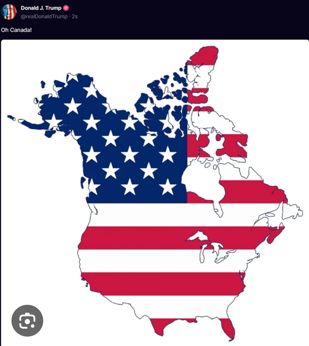 An image shows a map of North America where the United States is depicted with its flag pattern, but Canada is superimposed…