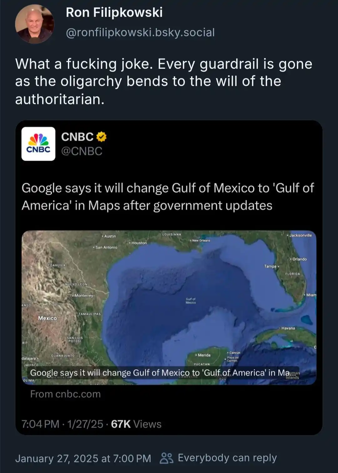 A screenshot of a CNBC tweet showing a map of the Gulf of Mexico with overlaid text stating Google will rename it 'Gulf of…