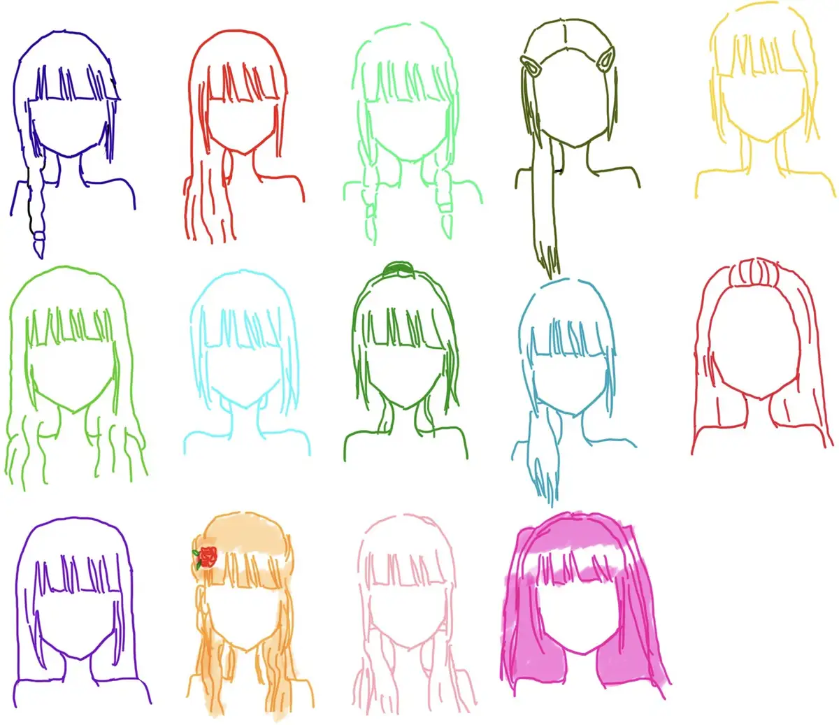The image displays a grid of 15 hand-drawn anime-style female head sketches, each outlined in a different color. All…