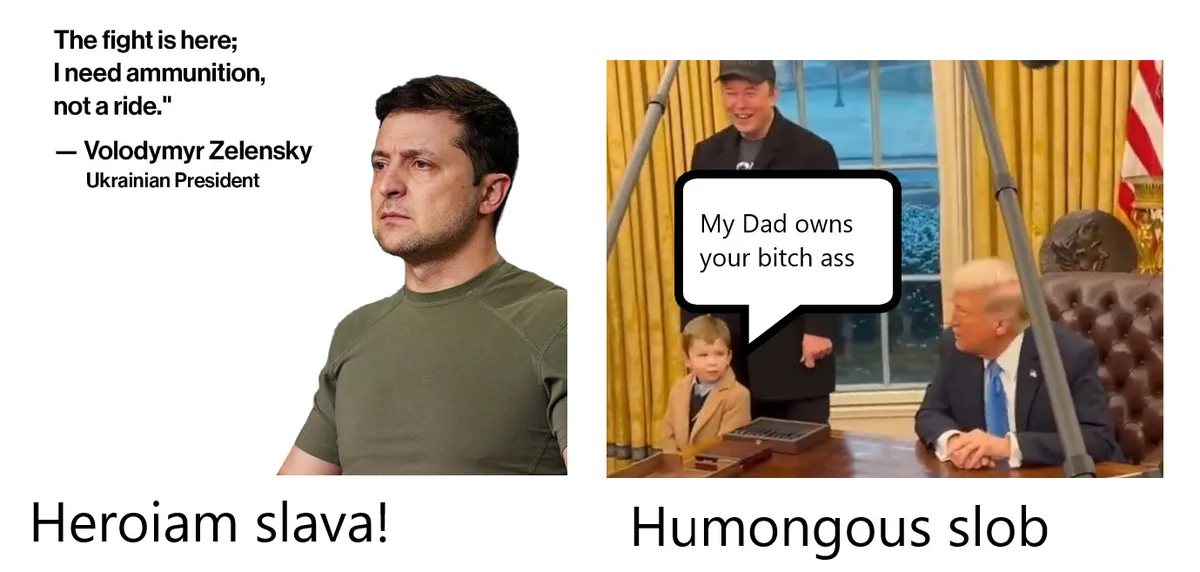 The image is split into two panels. Left: A photo of Ukrainian President Volodymyr Zelensky with overlaid text quoting him…