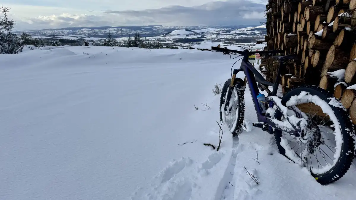 A mountain bike covered in snow is leaning against a large stack of firewood in a snowy landscape, with a vast, snow-covered…