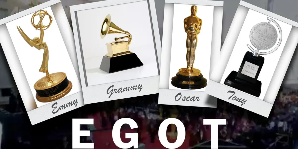 Four polaroid-style photos display the golden Emmy, Grammy, Oscar, and Tony award statues, each labeled with its name. Below…