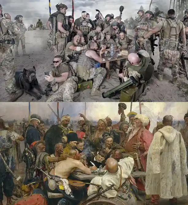 the top half shows modern soldiers in camouflage gear gathered around a table outdoors, eating, drinking, and laughing while…