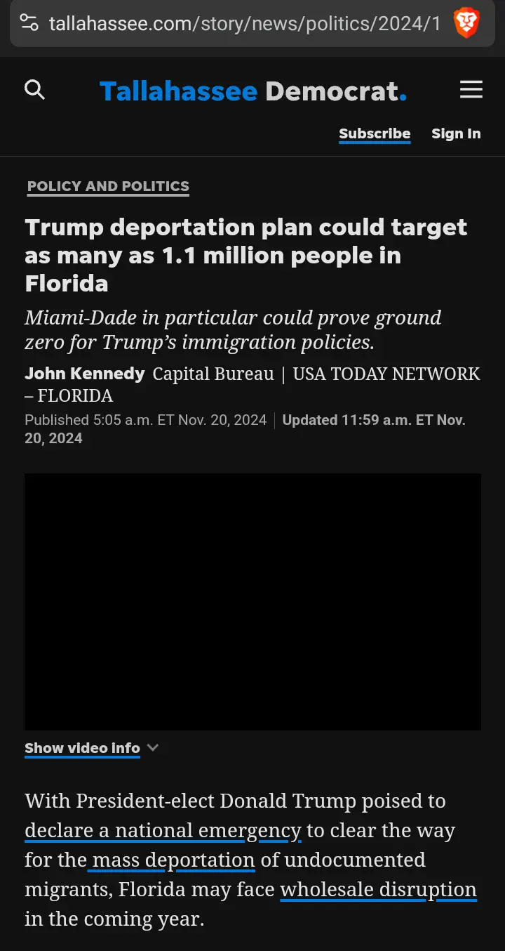 A screenshot of a Tallahassee Democrat news article from November 20, 2024, with the headline 'Trump deportation plan could…