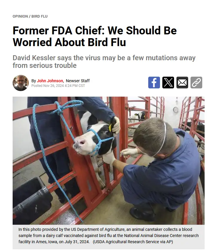 A news article screenshot shows a headline about bird flu concerns, overlaid on a photo of a person in a blue uniform…