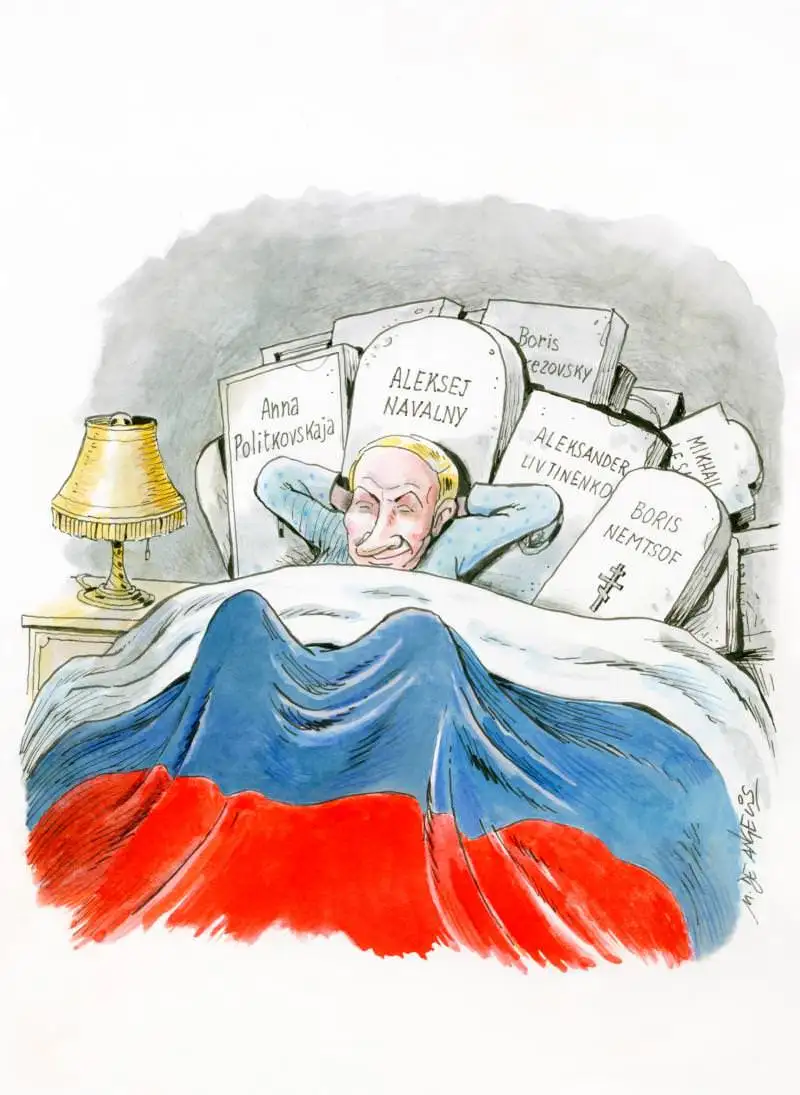 A cartoon depicts a man, identified by the overlaid text as 'ALEKSEJ NAVALNY', lying in bed under a Russian flag blanket…