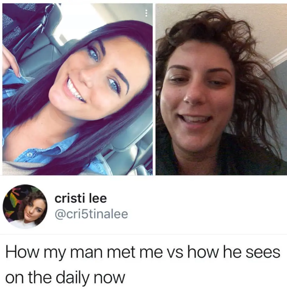 The image displays two side-by-side photos of the same woman: the left shows her with styled hair, bright makeup, and a…