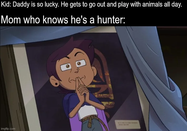 A still from the animated show 'The Owl House' shows a young character with dark hair, wide eyes, and a finger pressed to…