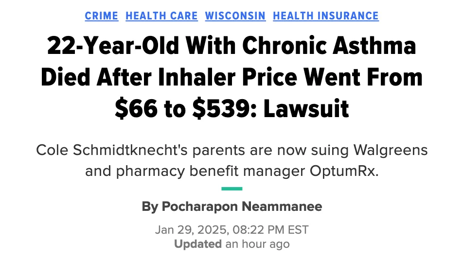A screenshot of a news article headline about a 22-year-old with chronic asthma who died after the price of his inhaler…