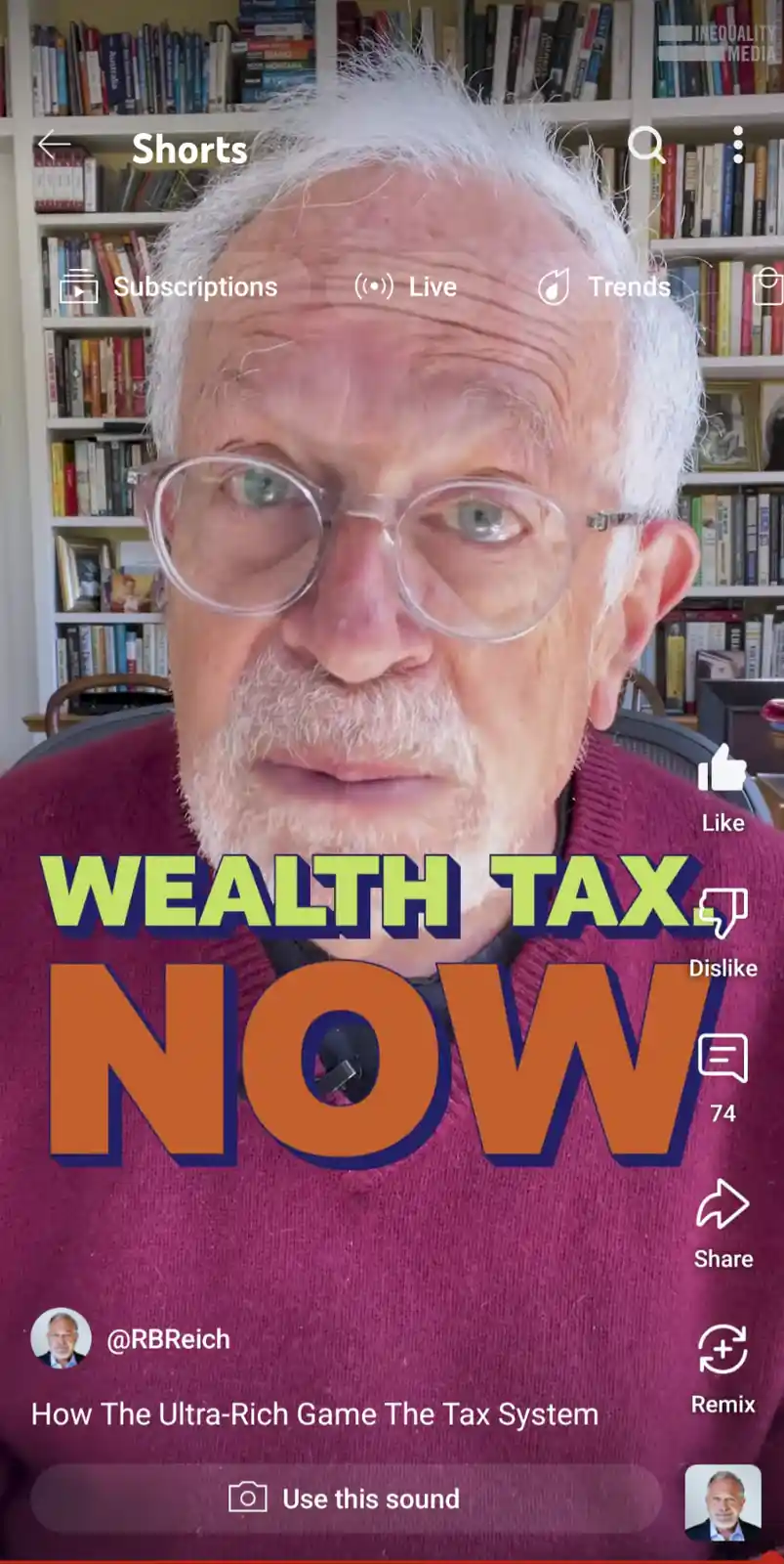 A screenshot of a YouTube Shorts video featuring an older man with white hair and glasses, wearing a maroon sweater, looking…