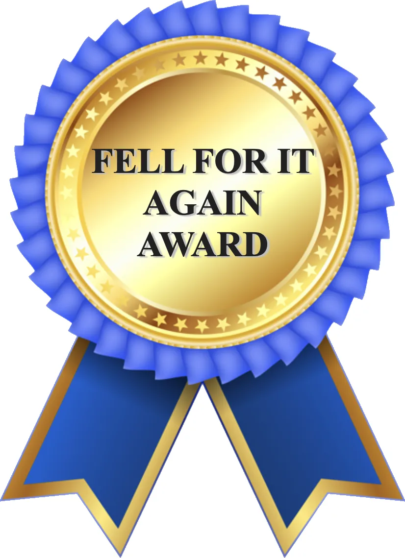 A gold-colored circular award ribbon with a blue frilly border and blue ribbon tails, set against a bright green background…