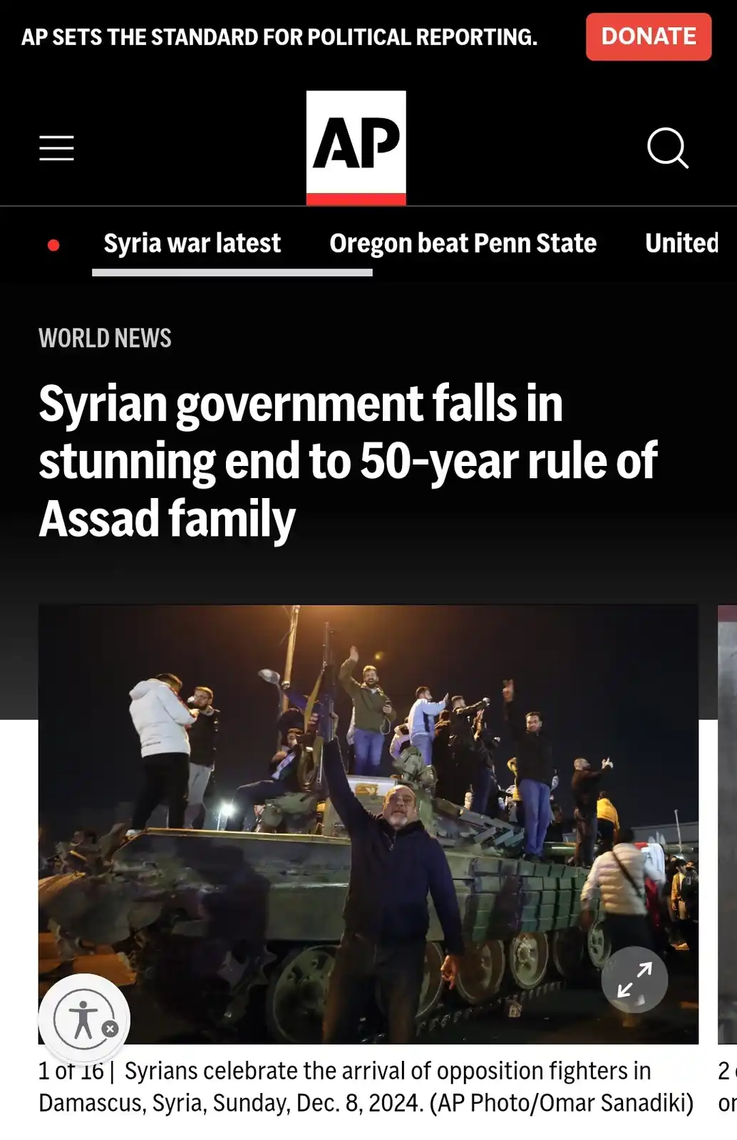 An AP News screenshot shows a headline declaring the 'Syrian government falls in stunning end to 50-year rule of Assad…