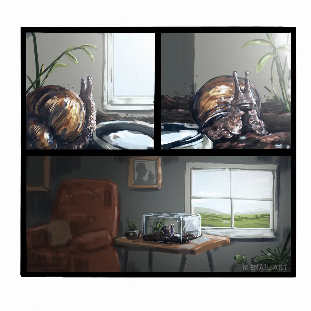 A three-panel comic depicts a snail's life: first, it's shown near a window in a natural setting; then, it's shown in a more…