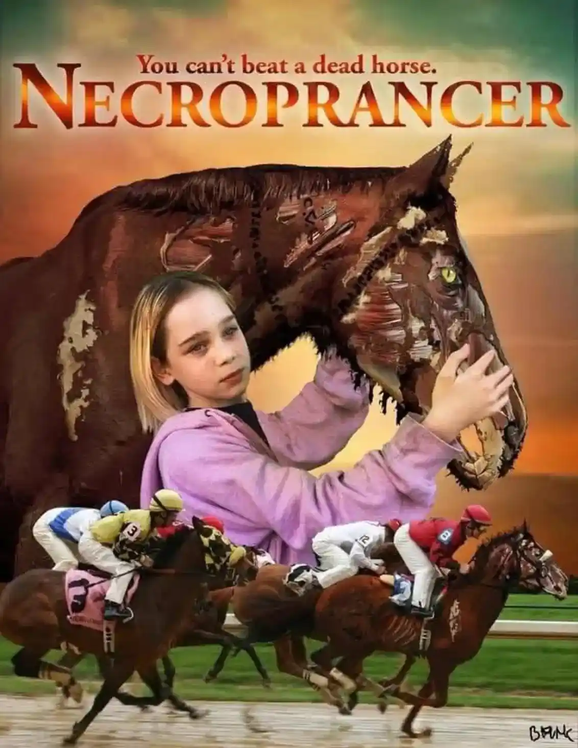 A movie poster parody featuring a young girl in a purple hoodie holding the head of a decaying, skeletal horse. Behind her…