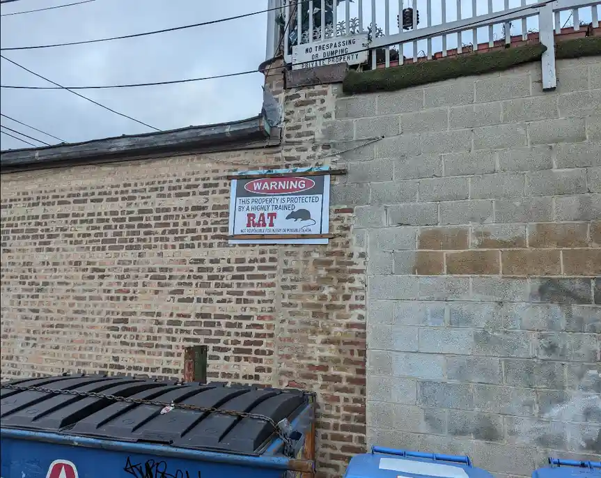 A warning sign on a brick wall reads 'WARNING THIS PROPERTY IS PROTECTED BY A HIGHLY TRAINED RAT NOT RESPONSIBLE FOR INJURY…