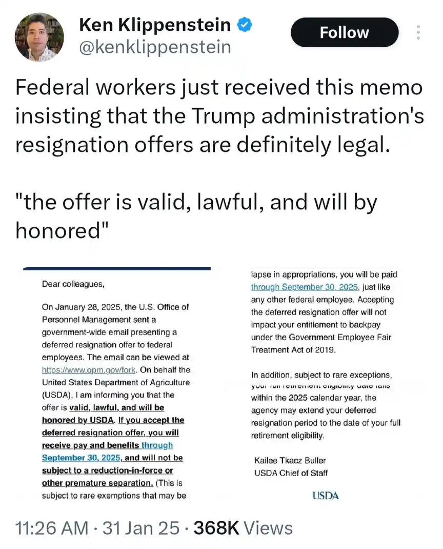 A screenshot of a tweet by Ken Klippenstein showing a government memo from the USDA Chief of Staff, Kailee Tkacz Buller…