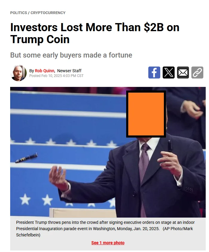A screenshot of a news article with the headline 'Investors Lost More Than $2B on Trump Coin' and subheading 'But some early…