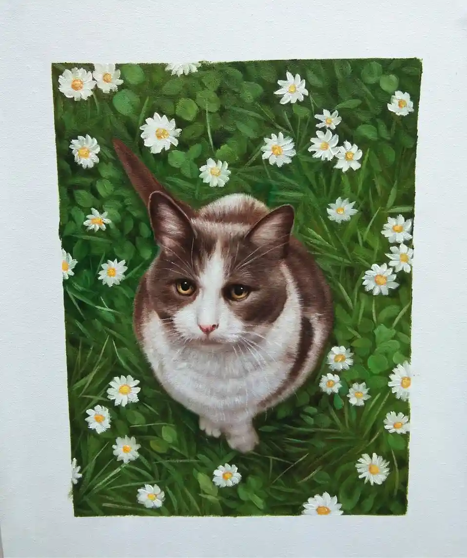 A painting of a brown and white cat sitting in a field of daisies, looking directly at the viewer with a slightly…