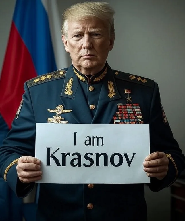A digitally altered image shows Donald Trump wearing a Russian military uniform with medals and holding a white sign that…
