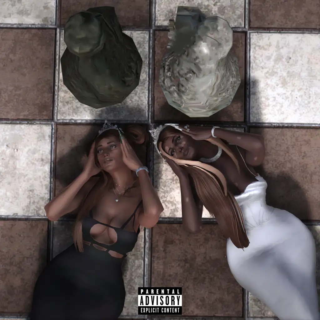 Two women in elegant dresses lie on a tiled floor, each with a bust of a man above them, looking distressed. The image…