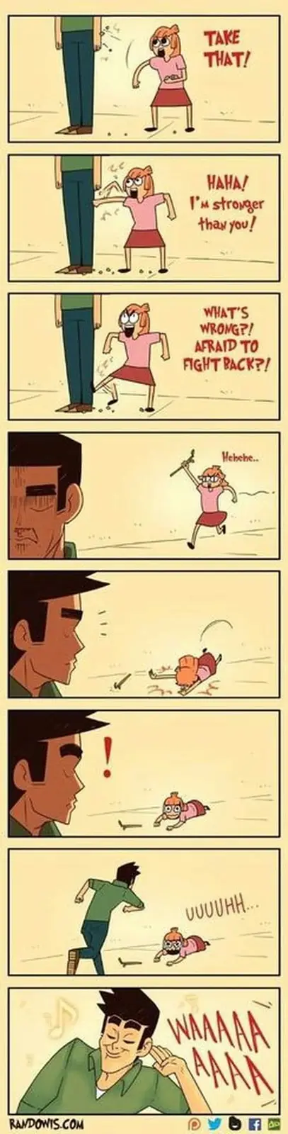A six-panel comic strip shows a small girl in a pink shirt and red skirt aggressively kicking a much taller man's leg…