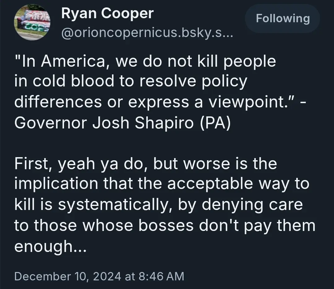 A screenshot of a social media post by Ryan Cooper, displaying a quote attributed to Governor Josh Shapiro about not killing…