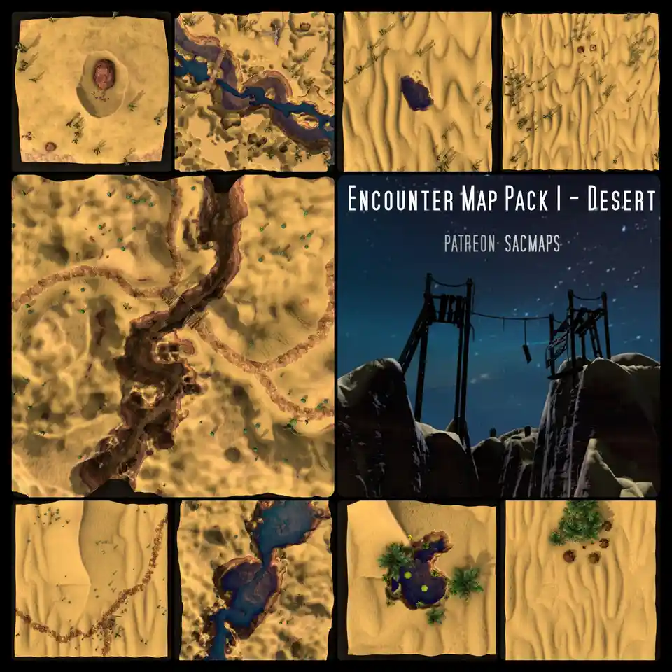 A collage of nine desert-themed map tiles for tabletop RPGs, showing sand dunes, cacti, rivers, and ruins, with a central…