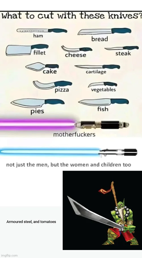 The image displays a chart titled 'What to cut with these knives?' showing various knives paired with food items like ham…