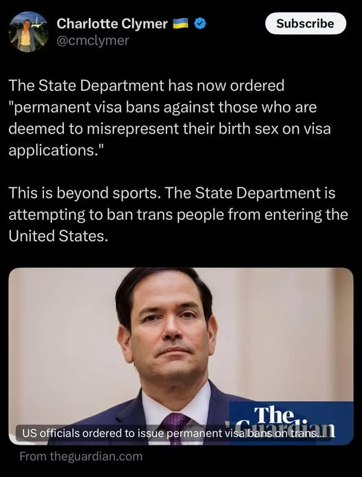 A screenshot of a tweet by Charlotte Clymer showing a news article headline about the State Department ordering permanent…